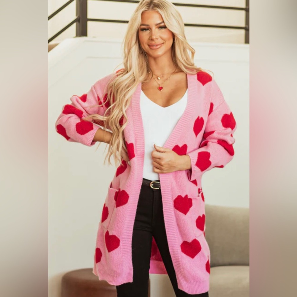 BBIBI Pink Hearts Knit Cardigan Sweater Small